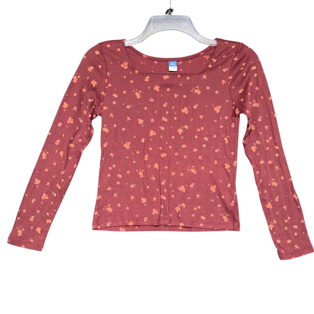 Old Navy Girls Rib Knit Shirt Top Pullover Square Neck Floral Burgundy Stretch